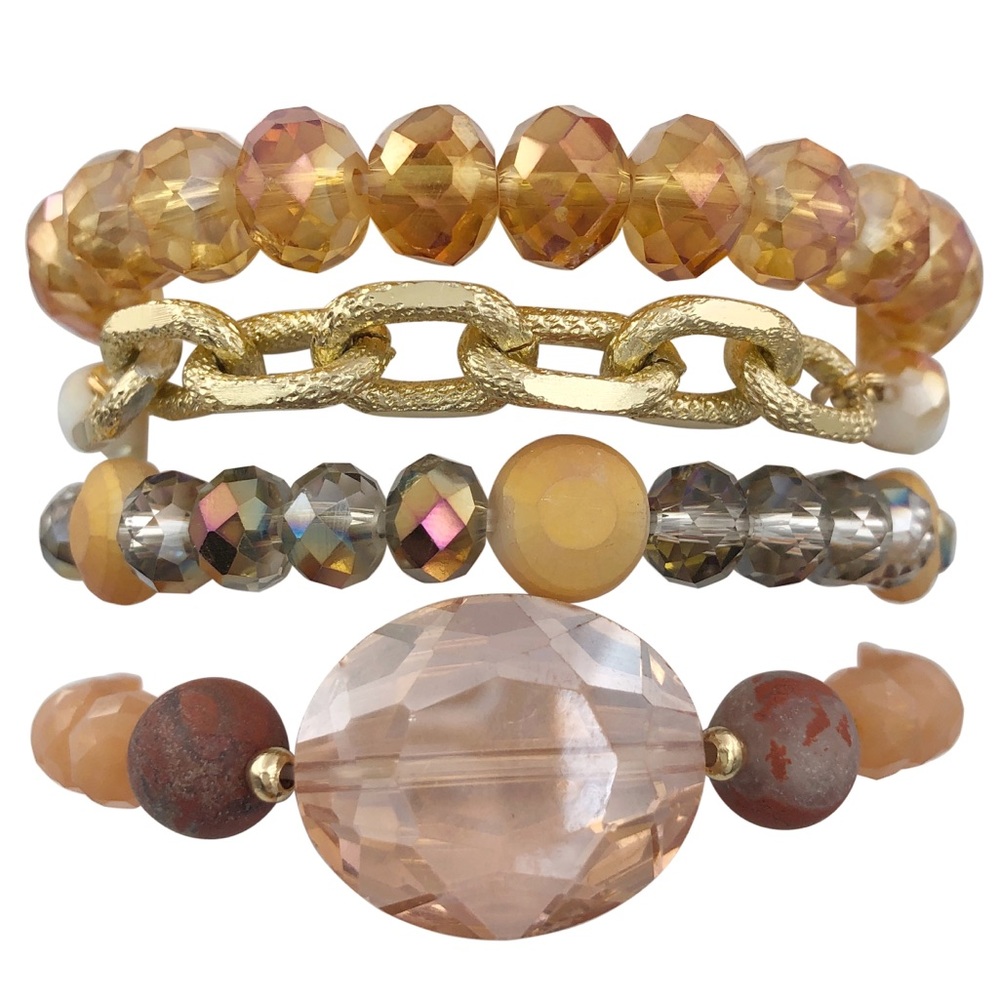 4 Row Layered Glass & Stone Peach Multicolor Stretch Bracelet Set
